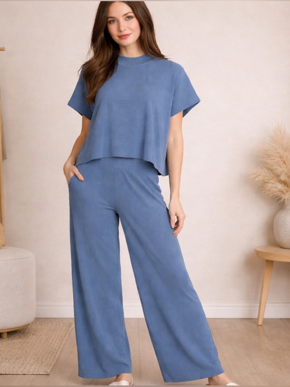 NEW Zenana Dusty Blue Ribbed Two-Piece Knit Set Top & High Rise Pants Size Small